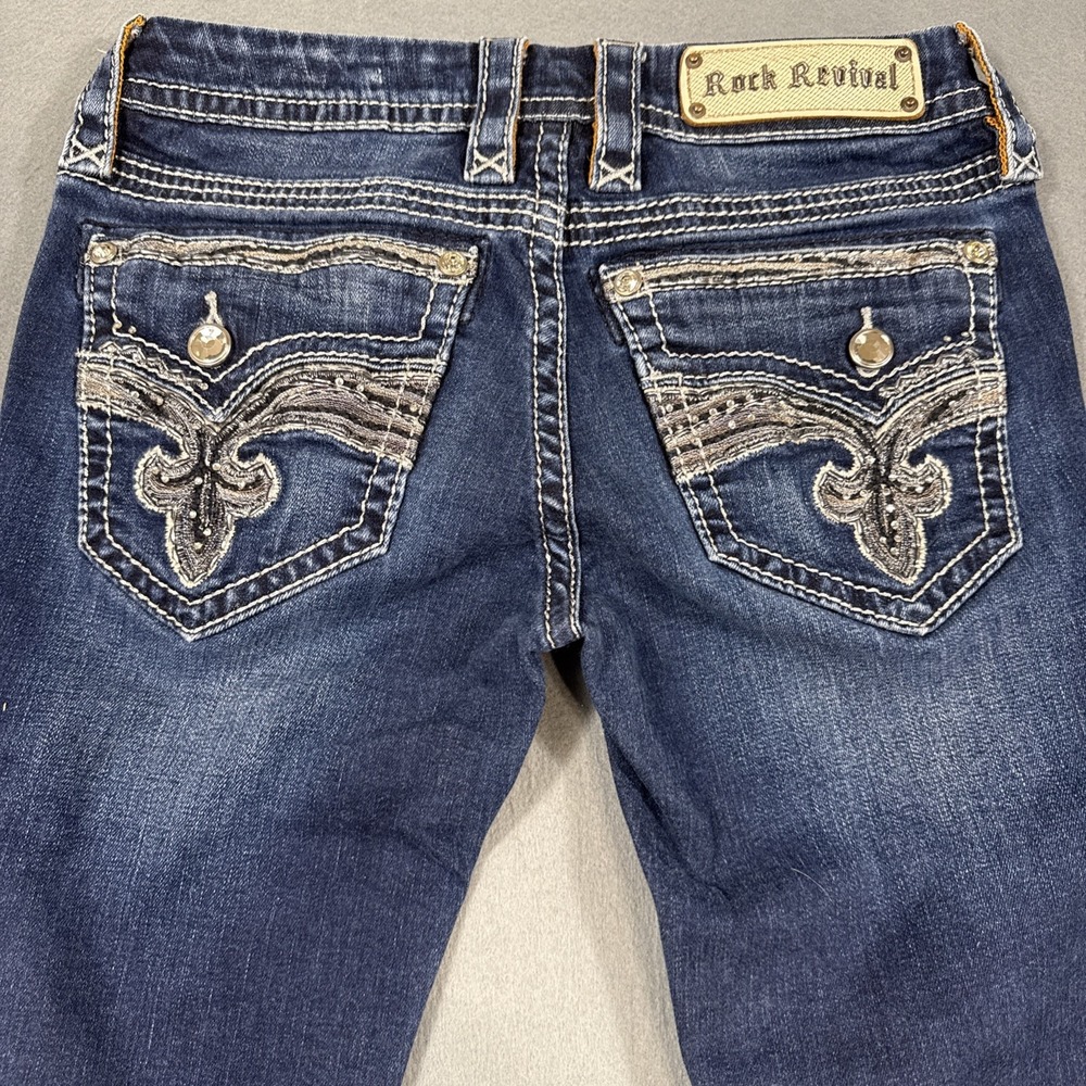 Rock Revival Yui STAIGHT Jeans Womens 27/30 Embroidered Sequin DARK WHISKERING